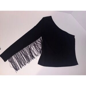 Shein Black‎ One Shoulder Fringe Sleeve Top Size L Party Clubwear